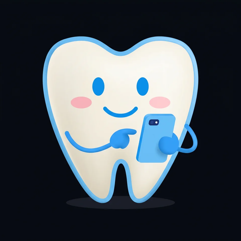 Braceys tooth mascot holding a phone ready to capture a smile